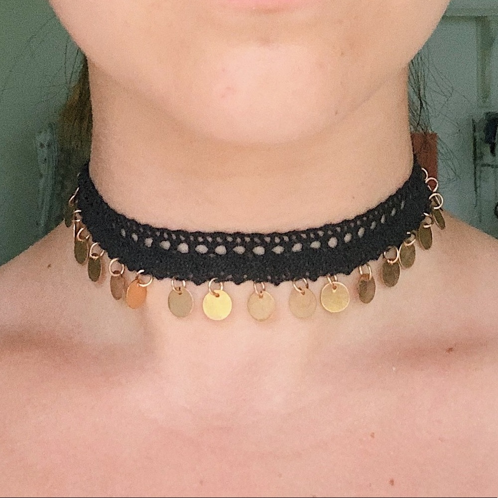 gold disc crochet choker